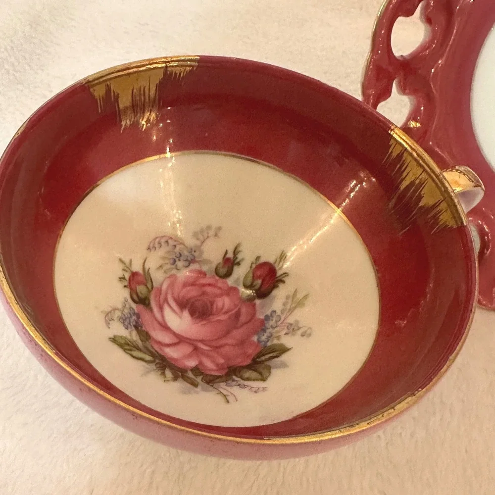 Japan Porcelain Tea Cup Saucer Set Pink Gold Reticulated Rose Floral Excellent